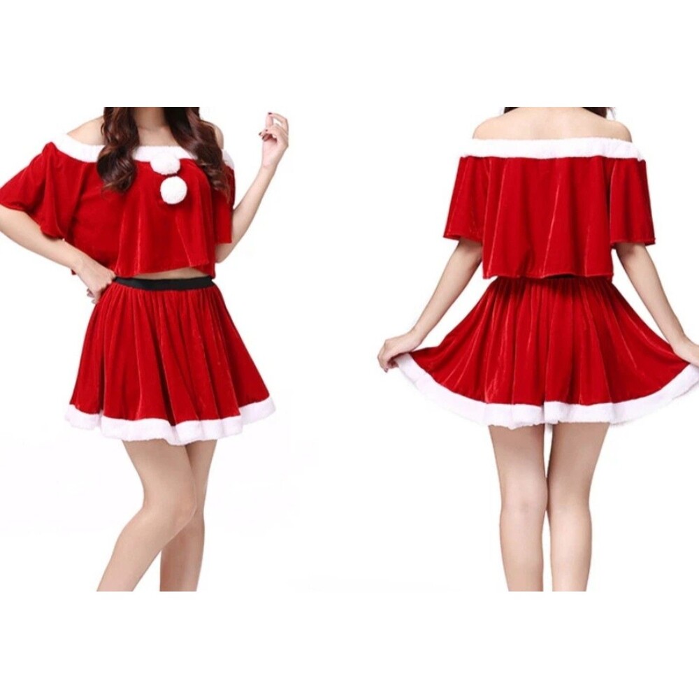 Santa Claus Christmas Women Crop Top Short Skirt Set Sexy Off Shoulder Medium